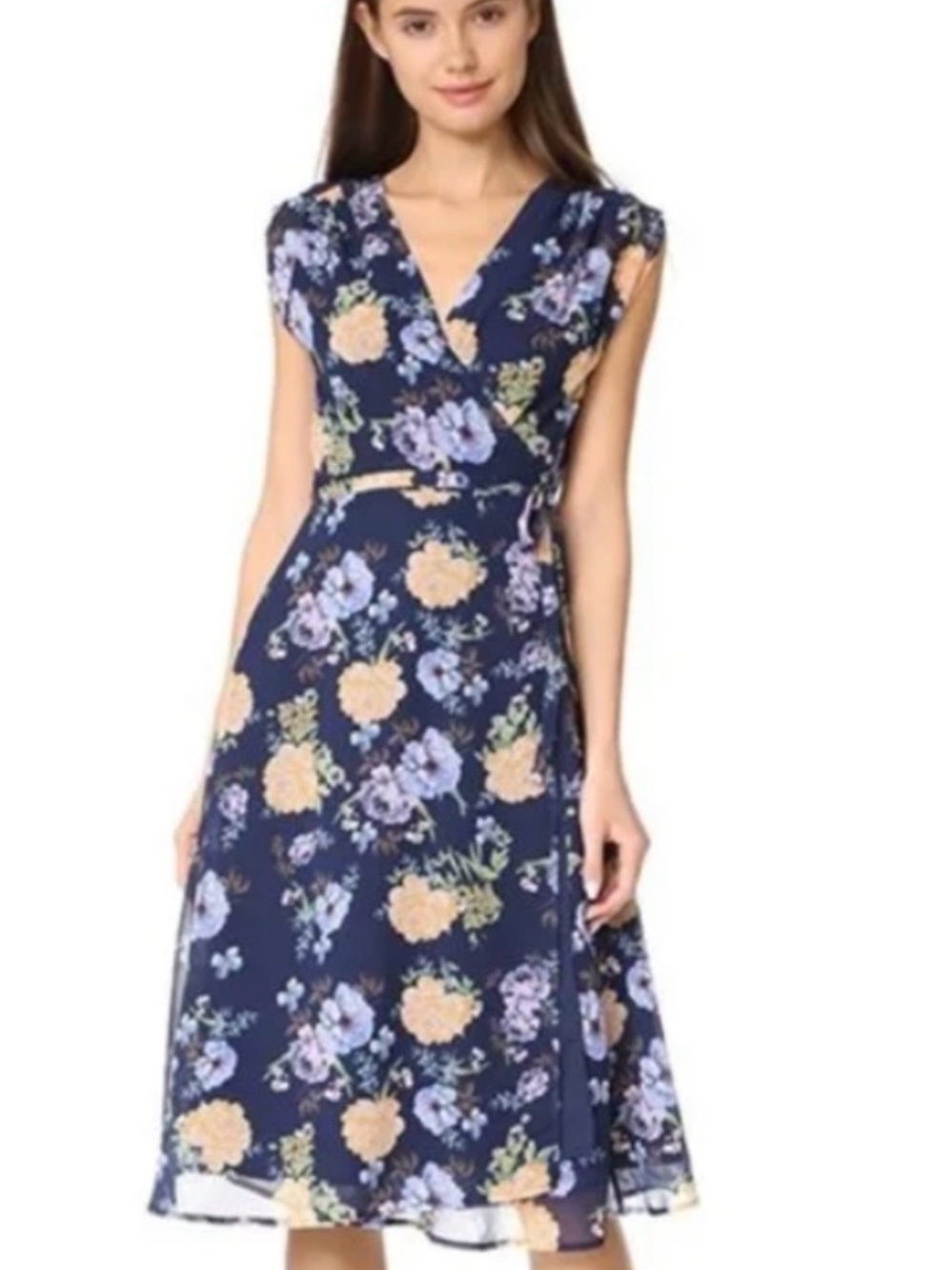 Yumi Kim Floral V-Neck Midi Dress in Navy with Peach Blooms